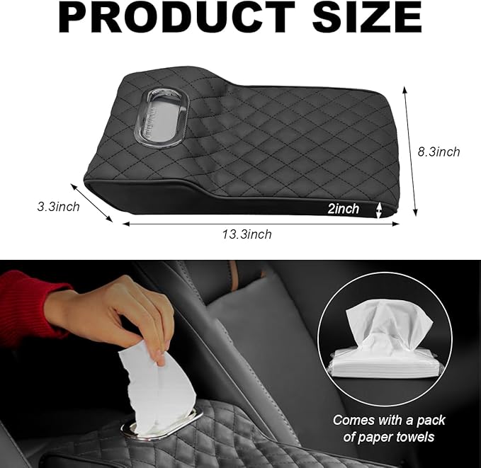 Car Center Console Cushion Pad, Comfy Leather Foam Car Armrest Console with Tissue Box, Universal Waterproof Car Armrest Cover with Height Increase, Car Armrest Accessories (Black)