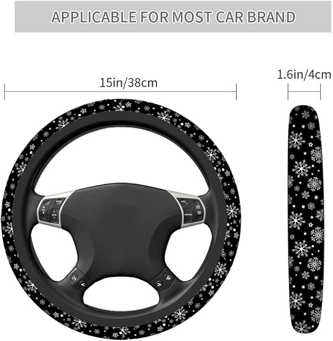 Swono Snowflakes Car Steering Wheel Covers Snowflakes On A Black Universal Fit 15 Inch Anti-Slip Steering Wheel Protector Cover Stretch-On Fabric Automotive Car SUV Sedans