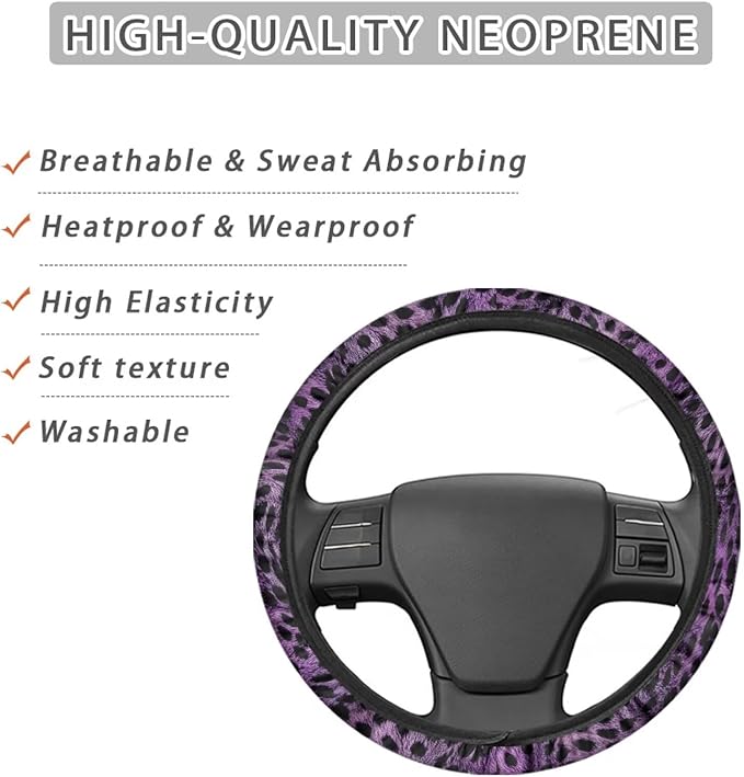 Universal Non-Slip Steering Wheel Cover, 15-inch Polyester Material Driving Accessories, Adjustable for Car and Truck(Artistic Amethyst Leopard)
