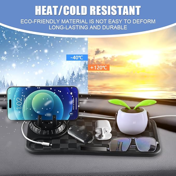 NHHEO Car Anti Slip Mat Dashboard Tray Decorations Sticky Pad Multi Functional Ultra Thick with 360° Rotating Universal Phone Pad Holder+Number Plate, Washable Checkerboard Design(Black&Gray)