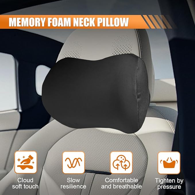 Car Headrest Pillow for Driving - Memory Foam Soft Automotive Neck Support Pillow Cushion with Adjustable Strap - Comfortable Car Seat Headrest Pillow for Neck Pain Pressure Relief (Black)