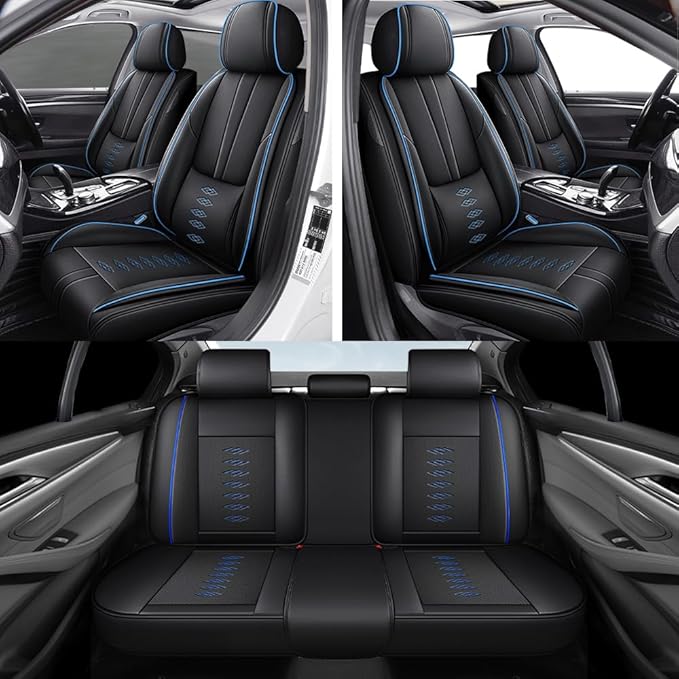 Premium Universal Car Seat Cover, Comfortable Leather Seat Cover for 96% of Models, Waterproof Car Seats Protectors Cushions for 5 Seats(Black+Blue)
