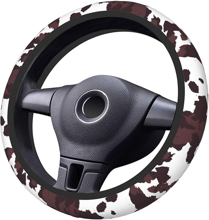Brown Cow Print Neoprene Steering Wheel Cover for Men Women Anti-Slip Elastic Steering Wheel Protective Cover 15in Universal Car Accessories Fit Cars, SUVs, Auto