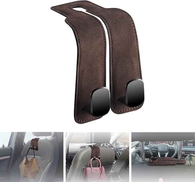 NHHEO Car Purse Hook for Headrest, Car Seat Back Storage Hook Bendable Leather Universal Vehicle Car Bag Hooks(Brown)