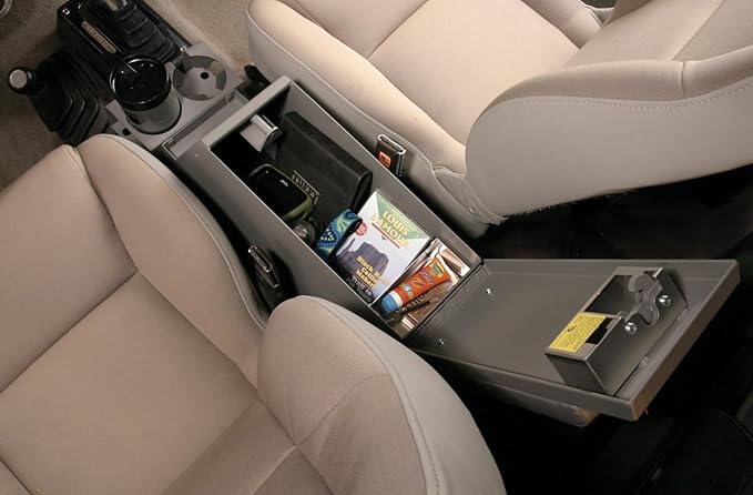 Universal Locking Center Console 6.5" – Steel Vehicle Storage Box with Armrest, Drink Holders, and Organizer Tray – Secure Console Insert for Trucks, SUVs, and Cars