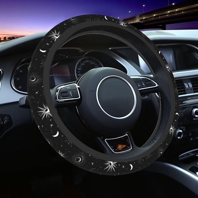 Star Moon Steering Wheel Cover Elastic Non-Slip Car Steering Wheel Covers with Seat Belt Shoulder Pad for Women Men