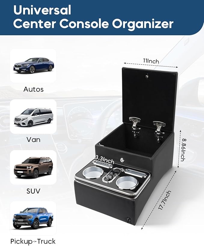 Upgraded Center Console with Lock, Truck Bench Front Seats Center Console Organizer and Storage, Cup & Phone Holder for Minivan, SUV, Middle Van, Fast Phone Charging & 7-Color Adjustable LED Lighting