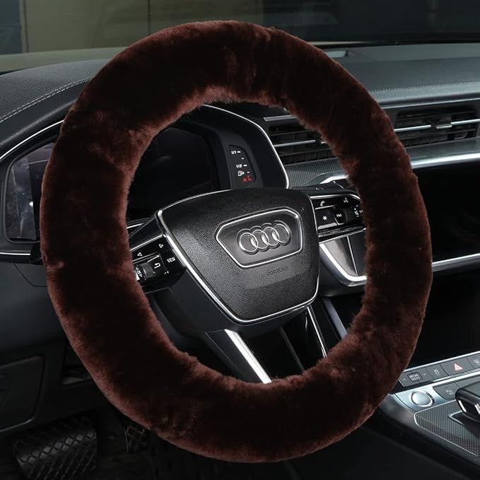Fluffy Fur Wool Sheepskin car Steering Wheel Cover, Fuzzy Protector for Universal Steering Wheel 15inch, Anti-Slip,Comforting and Luxurious, Soft Texture (Mocha)