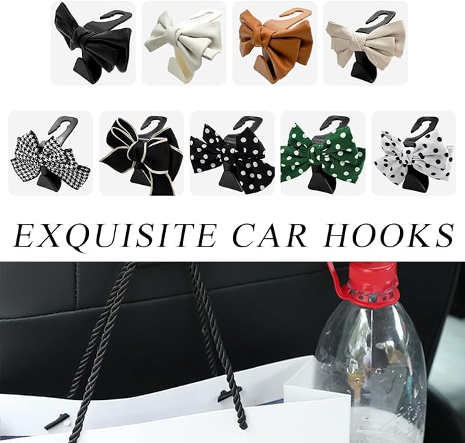2 PCS Car Seat Headrest Hooks, Cute Bow Shaped Vehicle Backseat Storage Hooks, Leather Bow Shaped Sturdy Car Seat Back Hooks for Purses/Coats/Umbrellas, Car Accessories (White Edge)
