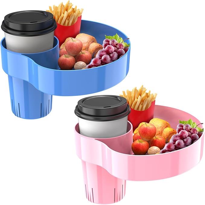 [2 Packs] Kids Car Seat Tray, Travel Tray with Cup Holder for Toddler, Kids Car Seat Food Snack Tray for Road Trip, Stroller snack tray travel must haves - Pink Color+Blue Color