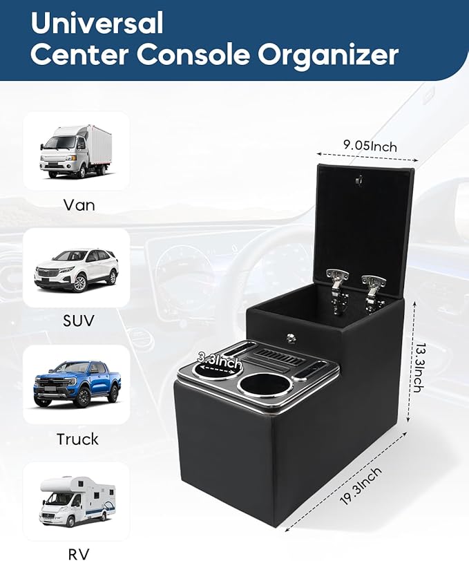 Center Console Between Seat with a Lock, Center Console Organizer for Minivans, Truck & Motorhome, Automotive Center Consoles with Cup and Phone Holder