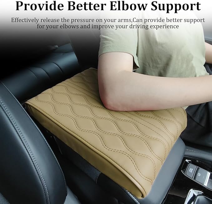 Car Center Console Cover, Leather Memory Foam Armrest Cushion Protection Pad, Waterproof Hand Rest Pillow with Height Increase, Universal Car Accessories for Most Vehicles (12.6'*8.5"/ Beige)