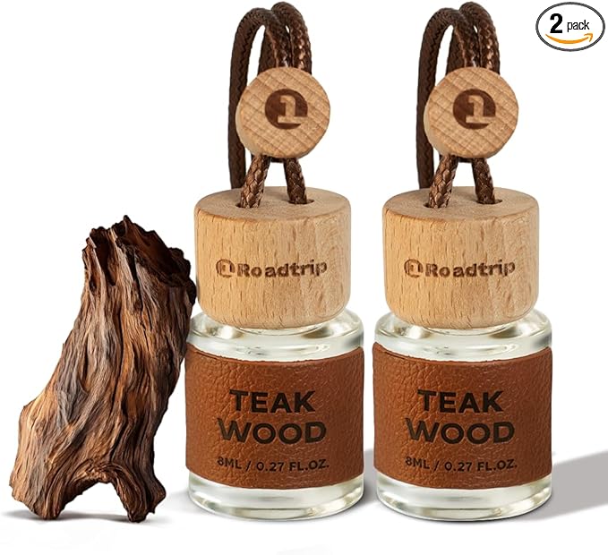 1Roadtrip Car Air Diffuser - Long Lasting Essential Oil Diffuser - Pack of 2 Non-Toxic Hanging Car Air Freshener - Accessories for Men & Women - Odor Eliminator - Teak Wood Scent 0.27FL OZ/8ML