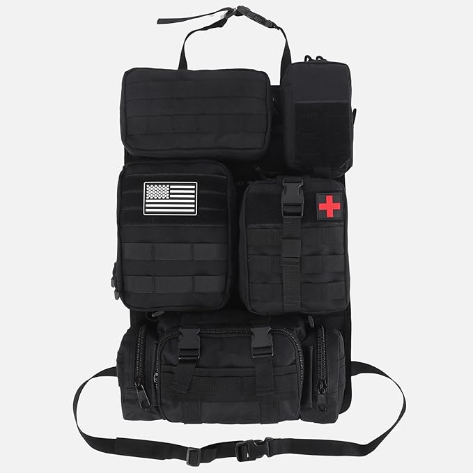 Universal Tactical Car Seat Back Organizer Bag Tactical Molle Vehicle Organizers Panel Gear Accessories with 5 Different Size Molle Pouches for Car Truck Ford Jeep Vehicle (A style-Black)