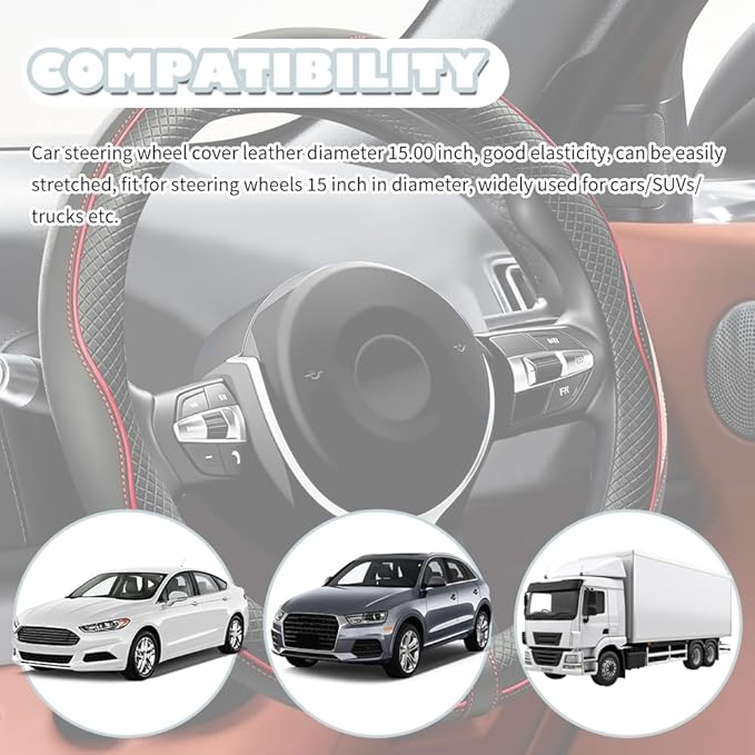 15 Inch Car Steering Wheel Cover,Breathable Leather Steering Wheel Cover Protector,Anti-Slip Universal Car 15 Inch Steerings Wheels Covers Cars Interior Accessories for Cars/SUVs