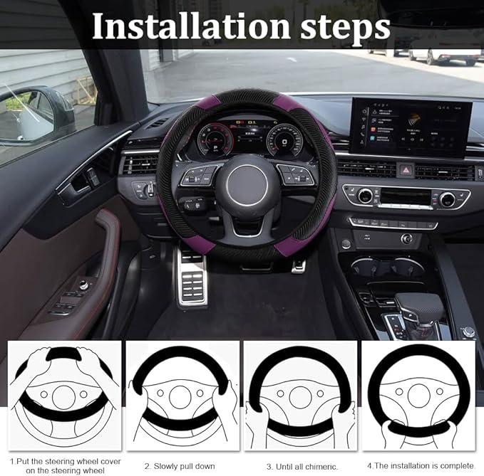 Car Steering Wheel Cover, Steering Wheel Protector, 15 inch Durable Leather Cover with Anti-Slip Lining, Universal Carbon Fiber Microfiber Leather Car Accessories for Most Cars (Black&Purple)