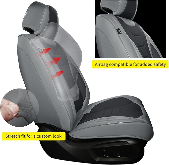Gripure Car Seat Covers for Full Set – Waterproof & Breathable Faux Nappa Leather, 360° Wrap Design, Airbag Compatible, Lumbar Support, Great for Drivers Who Need Driving Comfort,Gray and Black