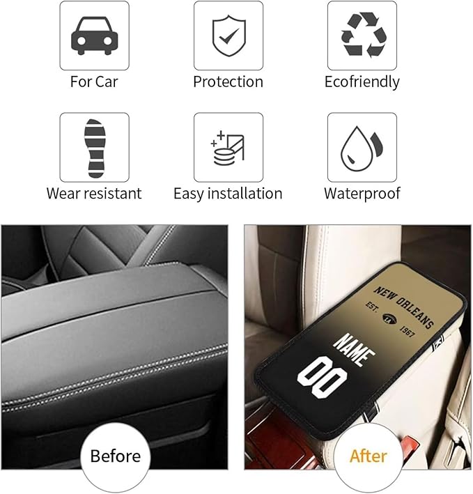 Custom Car Armrest Cover,Add Personalized Name and Number As Gifts for Loyal Football Fans,Auto Center Console Pad Car handrail Box Cushion,Fit for Most Car