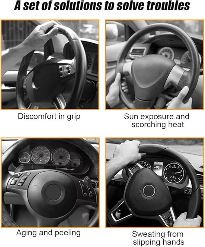 Car Steering Wheel Cover, 14.5-15" Leather Anti-Slip Sport Style Vehicle Steering Wheel Protector, Breathable Auto Interior Protection Accessories, Universal for SUV Van RV (Black/Orange)