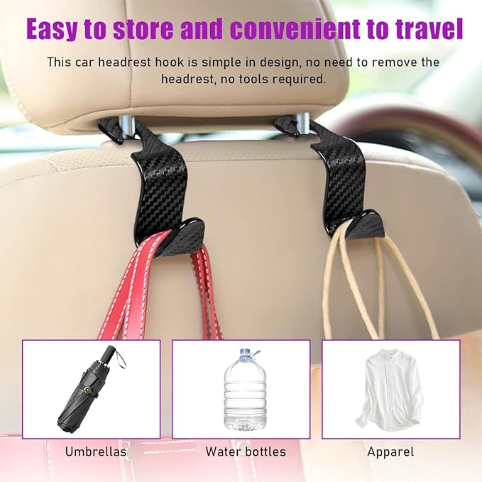 4 PCS Car Seat Headrest Hooks, Auto Backseat Organizer Hanger Holder, Vehicle Seat Back Storage Hooks for Purse Coat Umbrella Grocery Bag Handbag, Interior Car Accessories (Carbon Fiber)