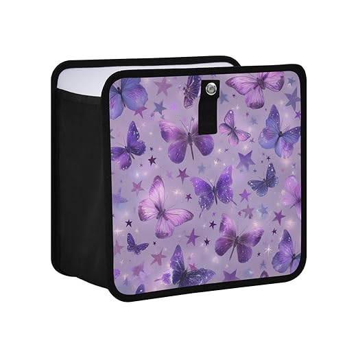 Car Trash Can Organizer Bin with Adjustable Strap for Back Front Seat Console Waterproof Leakproof Collapsible Portable 11 Inch Purple Dreamy Butterflies and Stars