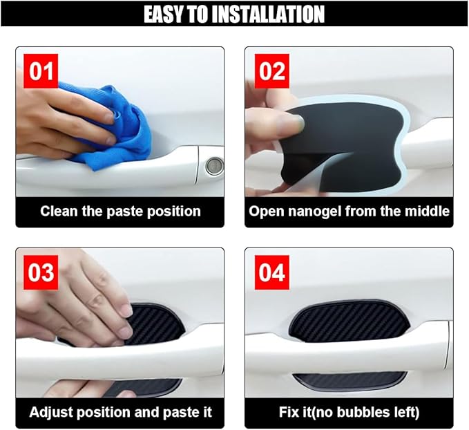 4PCS Car Door Handle Cup Scratch Protectors - TPU Carbon Fiber 3D Traceless Sticker, Paint Cover Guard Pad, Universal Protective Film for Most Cars (Large)
