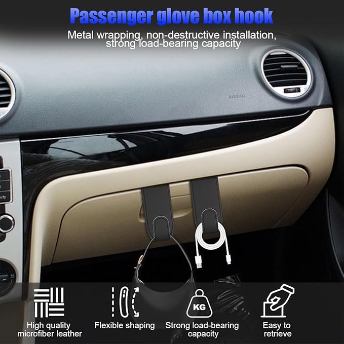 Car Co-Pilot Glovebox Hooks, 2PCS Anti-Scratch Vehicle Passenger Seat Storage Hanger for Handbag Purse Umbrellas, Auto Interior Organizer, Universal for SUV Sedan Truck(Black)