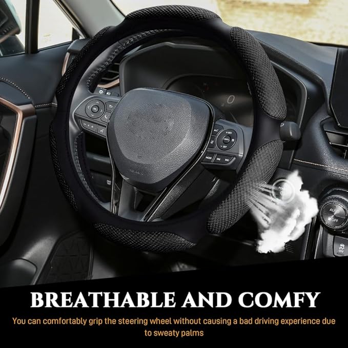 Car Steering Wheel Cover, Breathable Sporty Auto Wheels Wrap, 15 Inch Suede Steering Wheel Protector with Comfortable Grip, Steering Wheel Cover Hand Pad Cushion Slip-on for Cars (Black)