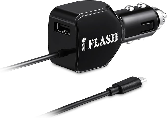 iFlash 24W / 2.4A + 2.4A (4.8A max) Portable Dual Port USB Car Charger with Built-in Micro USB Cable Compatible for Samsung Galaxy S6 Plus / S6 Edge / S6 S5 S4 S3 S2, Note 5 4 3 2, Moto X G E (Black)