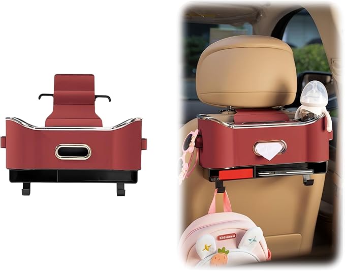 SEPSUMMER Multifunctional Car Backseat Organizer with Cup Holder, Tissue Box, Trash Bin & Hooks, 3-in-1 Back Seat Car Organizer for Hold Phones, Snacks, Drinks, and Handbags (Original Model - Red)