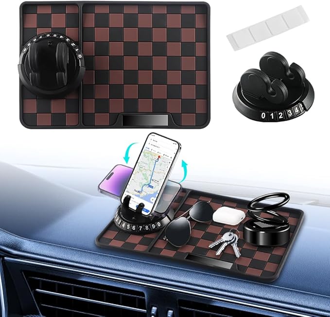 NHHEO Car Anti Slip Mat Dashboard Tray Decorations Sticky Pad Thicken Washable with 360° Rotating Universal Phone Pad Holder+Number Plate for GPS Aromatherapy Sunglasses Key(Black&Brown)