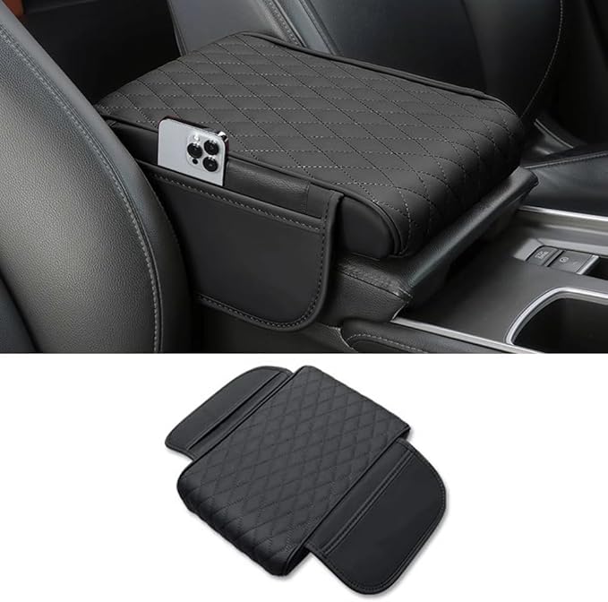 Car Center Console Armrest Cover, Leather Car Center Console Cover Cushion with 2 Storage Bags, Universal Center Console Pad Thickened Memory Foam Car Armrest Lids Storage Box (Black)