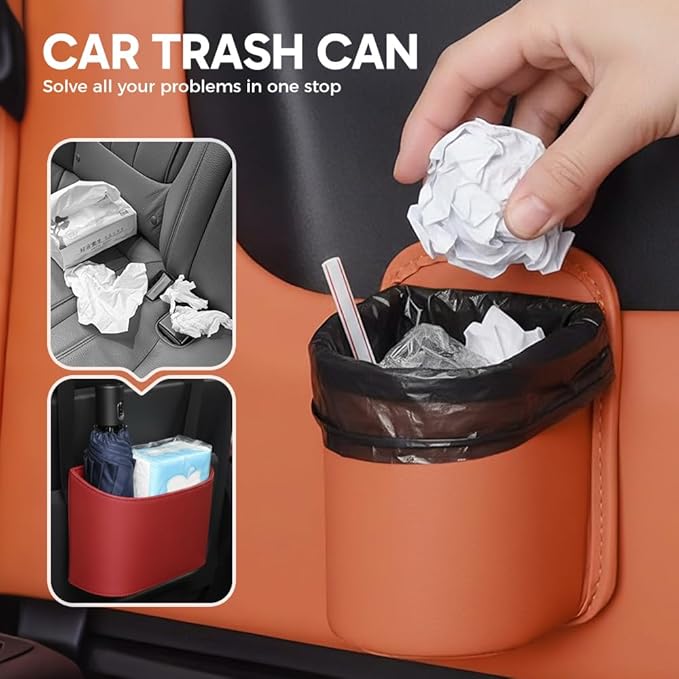 Universal Leather Car Door Cup Holder Trash Can, Leakproof Car Trash Bin,Multifunctional Back Seat Car Organizer for Hold Phones, Snacks, Drinks (Brown)