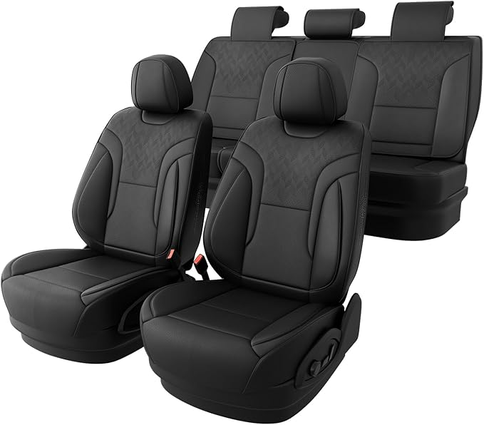 FEINEPRO Black Car Seat Covers Full Set - Breathable Faux Leather Universal 5 Seat Covers for Cars, Automotive Protector Fit for Most Sedan SUV Pick-up Truck