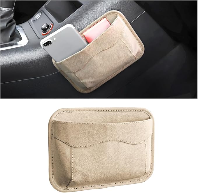 Car Seat Side Pocket Organizer, PU Leather Pen Phone Sunglasses Holder Tray Pouch Seat Gap Filler, Mini Storage Bag Car Interior Accessories for Auto Seat Door Window Console (Beige)