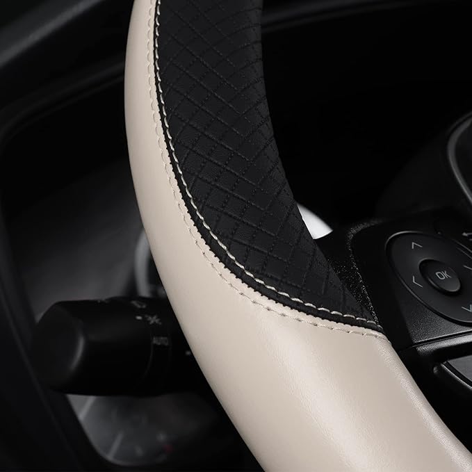 Auto Car Leather Steering Wheel Cover Anti Slip Wrap 15" (Beige)