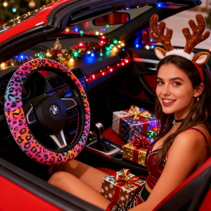 Cheetah Fuzzy Steering Wheel Cover, Girly Steering Wheel Cover, Cute Fluffy Furry Leopard Wheel Protector, Women Girl Car Christmas Decor Fit D-Shape O-Shape 14.5" to 15"
