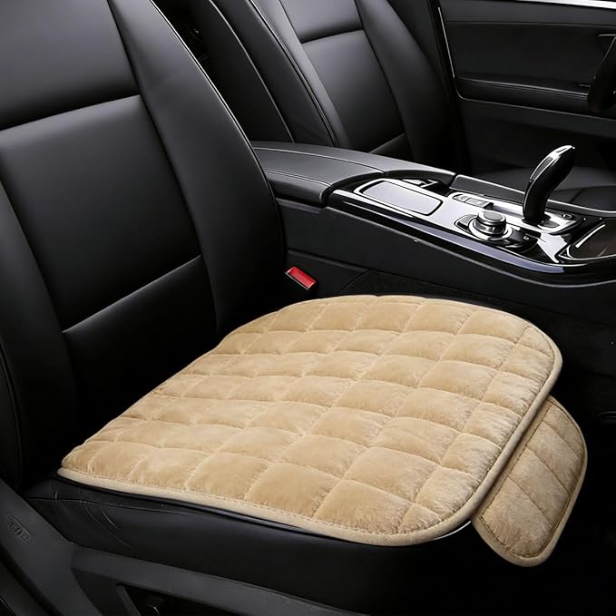 YoRise Car Seat Cushion, Soft Plush Auto Seat Pad with Storage Pocket, Car Driver Seats Protector Cover with Non-Slip Rubber Bottom, Winter Vehicle Accessory for SUV, Truck, Home, Office (Beige)