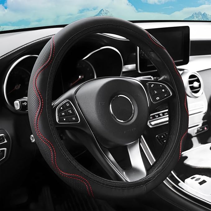 zipelo Elastic Stretch Steering Wheel Cover, Microfiber Breathable Ice Silk, Universal 15 Inch Anti-Slip Car Steering Wheel Protector, Warm in Winter and Cool in Summer for Women (Style2-Black/Red)