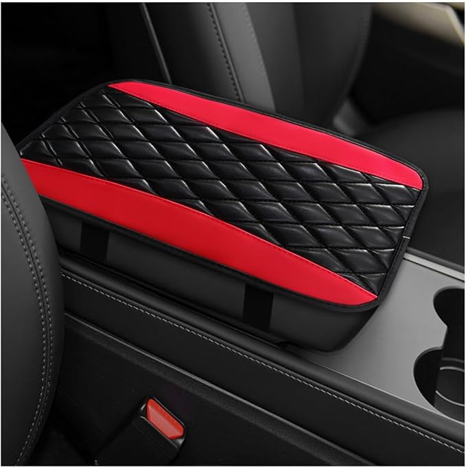 Car Center Console Cushion Pad, 12.6"×7.5" Waterproof Leather Armrest Seat Box Cover Protector, Soft Comfortable Anti-Scratch Arm Rest Console Pad for Most Cars Trucks SUVs (Black & Red)
