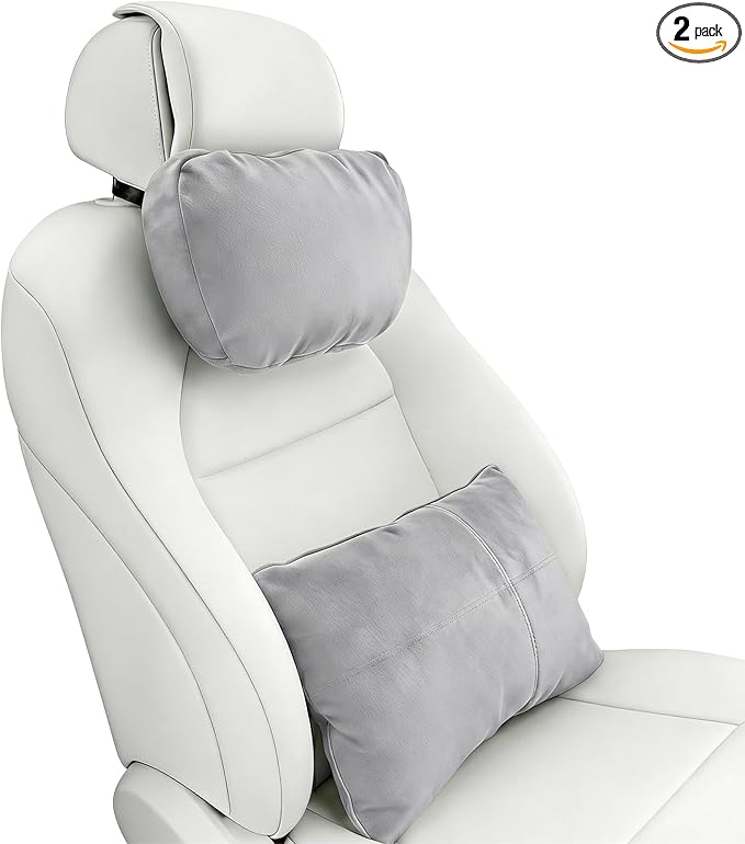 2PCS Car Pillow for Car Neck Pillow for Driving Seat Leather Neck Support Soft Cushion Back Support Head-Rests for Vehicle Sleeping with Elastic Adjustment Strap (Grey, Head and Lumbar)