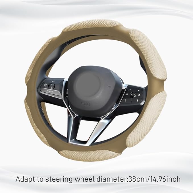 Car Steering Wheel Cover, Breathable Sporty Auto Wheels Wrap, 15 Inch Suede Steering Wheel Protector with Comfortable Grip, Steering Wheel Cover Hand Pad Cushion Slip-on for Cars (Beige)
