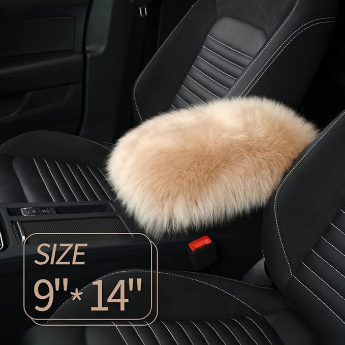 IRIWOOL Sheepskin Armrest Cover Auto Center Armrest Cover Car Soft Console Pad, Fluffy Wool Auto Center Console Cover for Most Car Arm Rest Decoration Protector 9 x 14 Inch (Long Wool, Khaki)