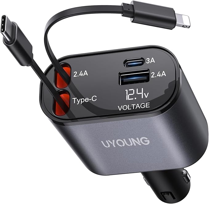 iPhone Car Charger, Retractable Fast Car Phone Charger 100w for CarPlay, 4 in 1 Car Charger Adapter with 2 Cables 31.5 Inch and 2 USB Ports, Compatible with iPhone 17/16/15/14/13/12/11 Pro/Samsung