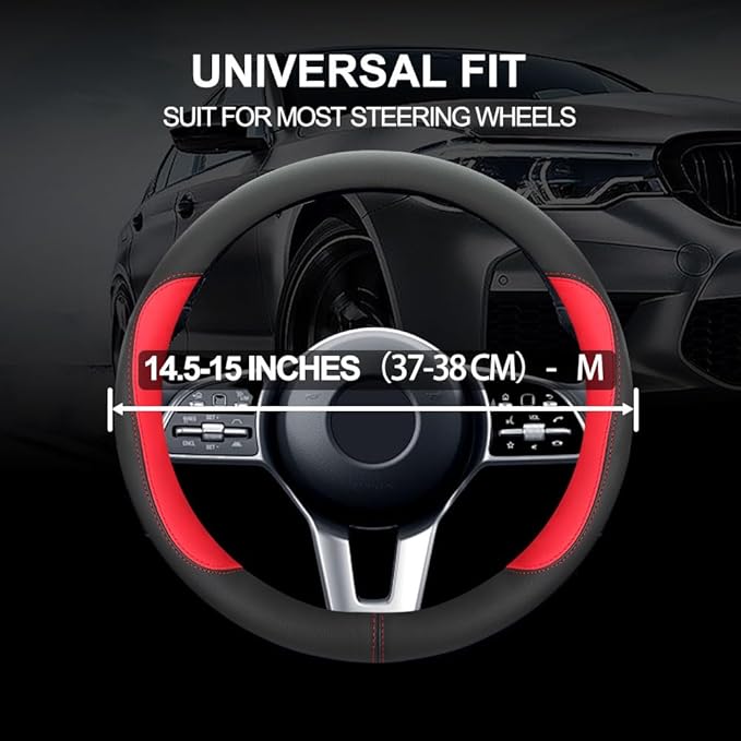 Car Steering Wheel Cover,Microfiber Leather Steering Wheel Cover Universal 14.5-15 inch, Anti-Slip Breathable Auto Wheel Cover Protector for Men Women (Black&Red)