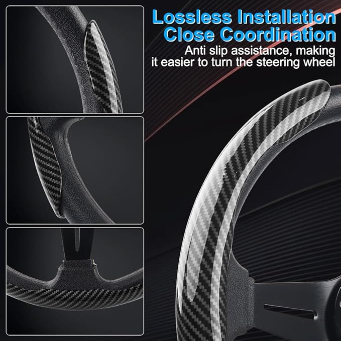 Carbon Fiber Steering Wheel Cover 3PCS, Non-Slip Grip for Universal Cars,Fit for 14–16 Inch Wheels, Interior Accessories for Cars Trucks (Black)