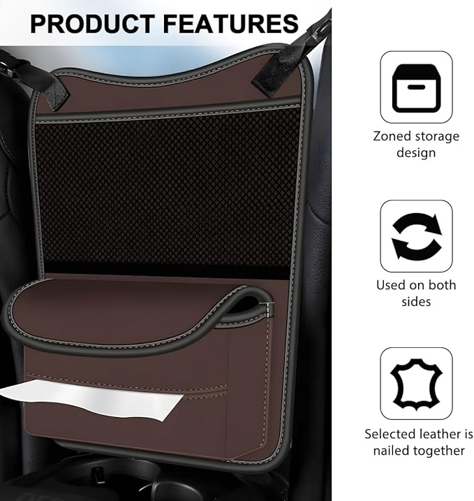 Car Organizer Storage Between Seats, Nappa Leather Large Capacity Vehicle Hanging Handbag Holder for Document Phone, Auto Interior Console Organizer Pocket, Universal Fit (Brown)