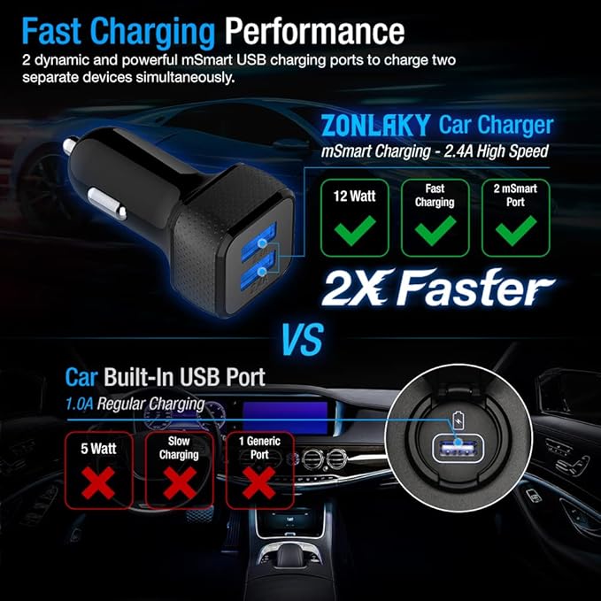 Car Charger 2 Pack, 24W Dual USB Car Charger - Black, SmartUSB Port Car Adapter Compatible iPhone 13/12/11/XR/Xs, iPad Pro/Air 2/Mini, LG, Pixel, Galaxy (Not Compatible with Quick Charge)