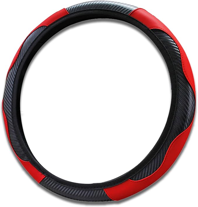 Car Steering Wheel Cover, 15 inch Carbon Fiber Microfiber PU Leather Elastic Steering Wheel Protector for Unisex, Anti-Slip Breathable Car Interior Accessories for Most Cars (Red)