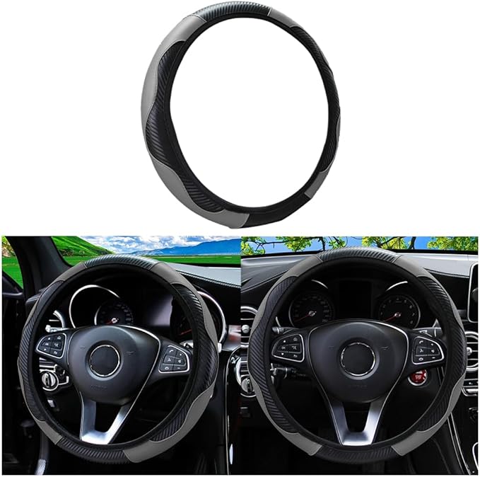 Car Steering Wheel Cover, Universal Microfiber PU Leather Elastic 15 inch Stitching Color Anti-Slip Steering Wheel Protector, Car Interior Accessories Steering Wheel Cover for Men Women (Grey)